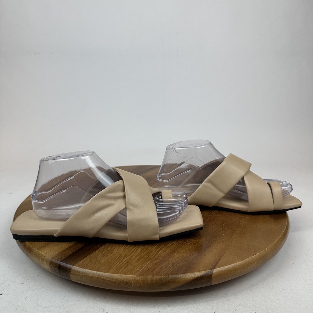 New NWOB Womens Open Edit Otto Faux Leather Beige Slip On Slide Sandals Size 9 M